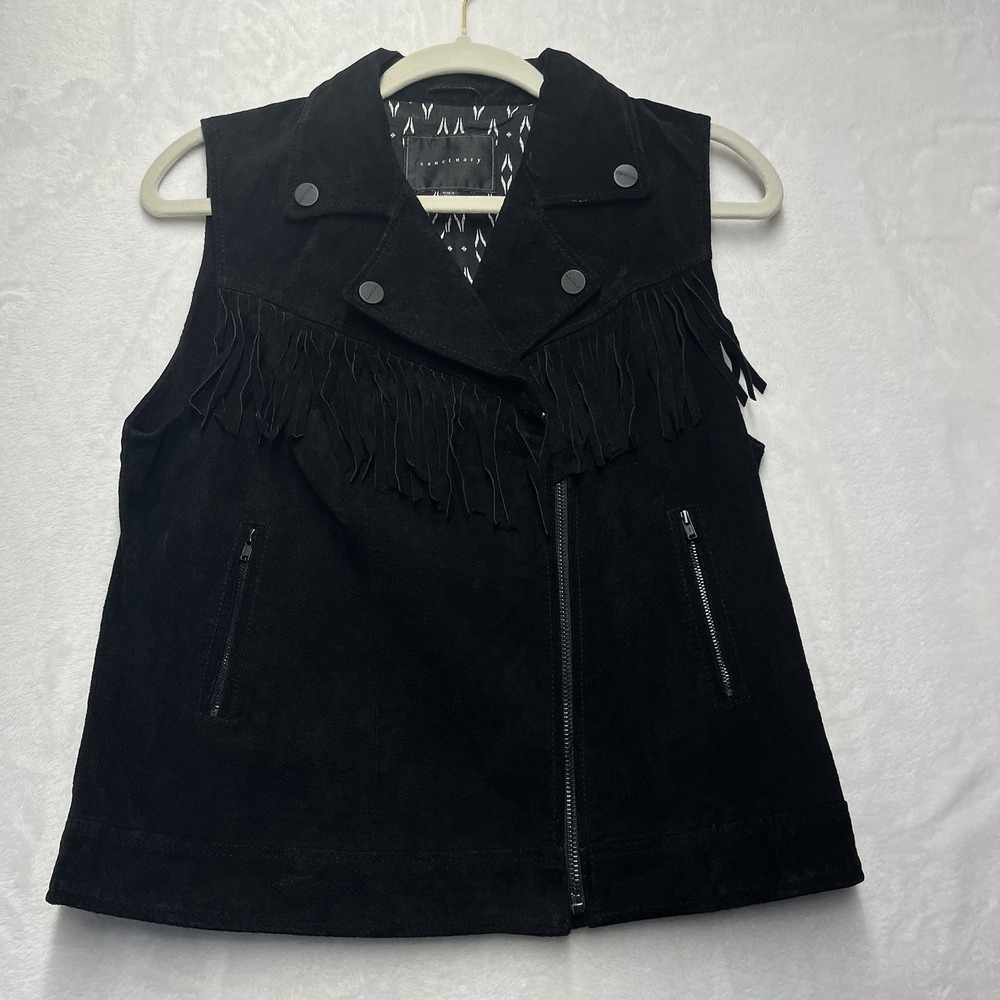 Sanctuary Genuine Suede Leather Vest Womens Medium Tassle Black Moto